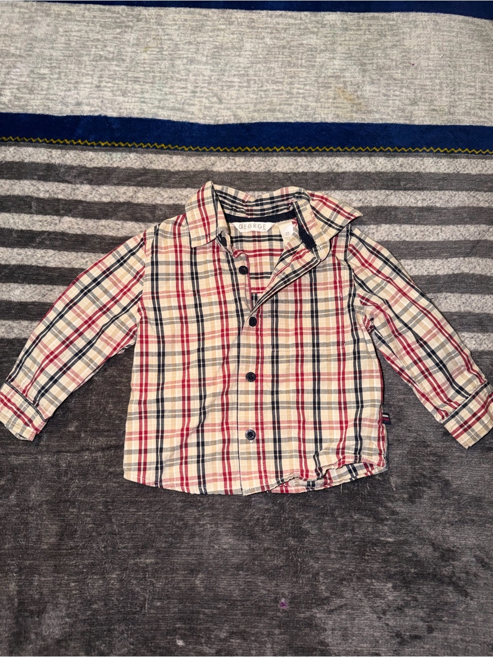 George Red, Navy & Beige Plaid Button-Down Shirt for Kids